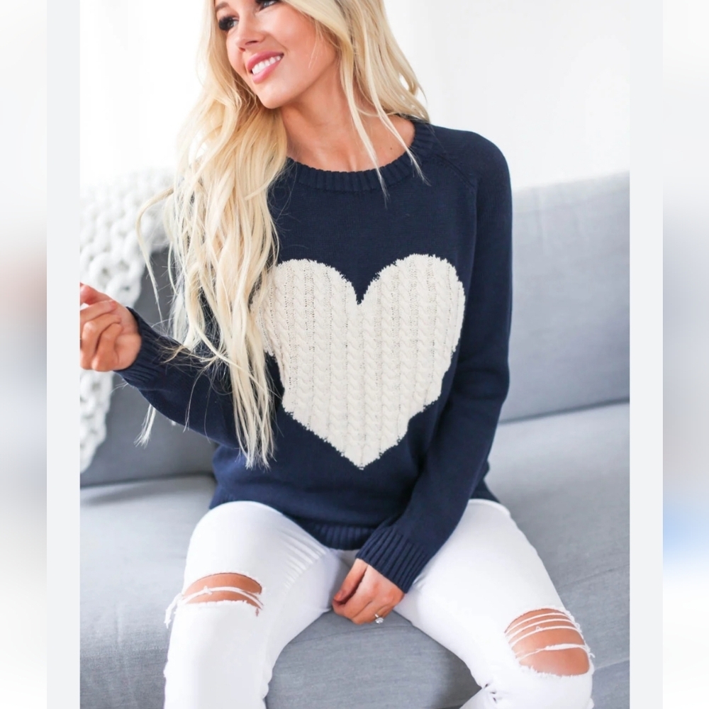 Blue and White Cowl Neck Sweater with Heart Design